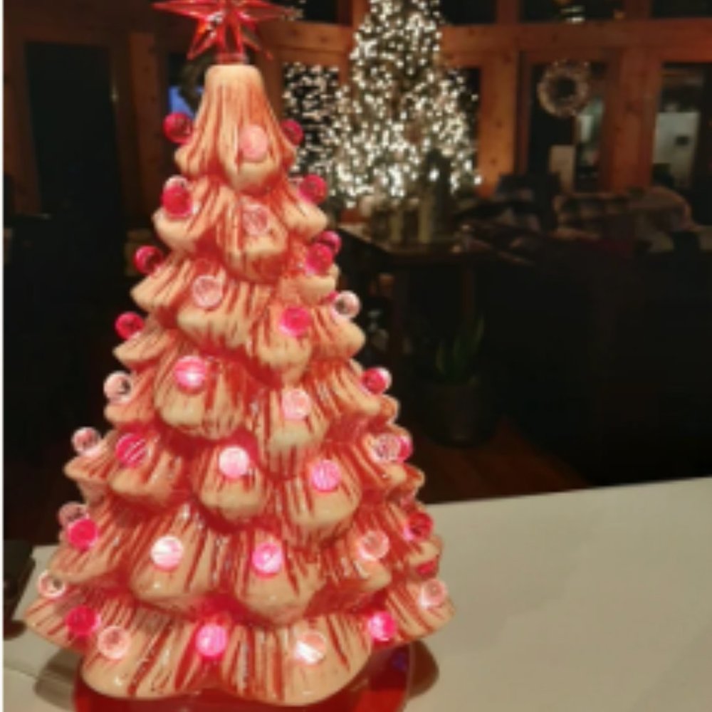 Christmas Candy Stripe Ceramic Tree with bulbs and star - New in Box